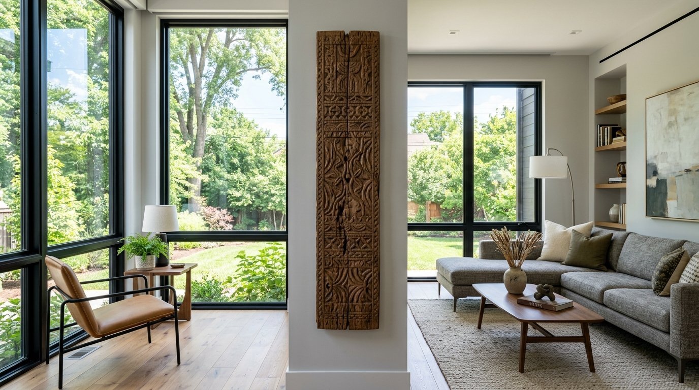 Contemporary living room with a large carved wooden art panel mounted on a pillar between floor-to-ceiling windows.