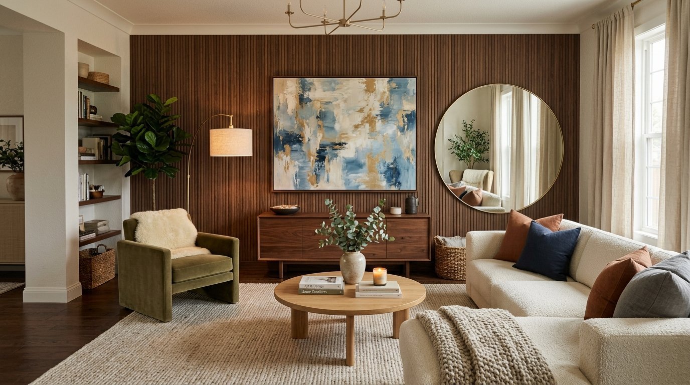 A stylish room with a slatted wooden wall, large round mirror, velvet green chair, and textured white sectional sofa.