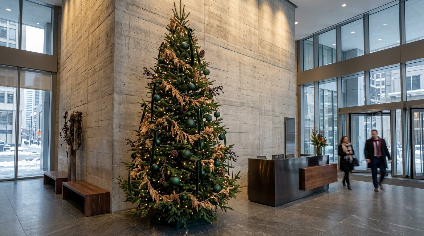 An evergreen tree with dark green ornaments and golden accents stands inside a building entrance with concrete walls.