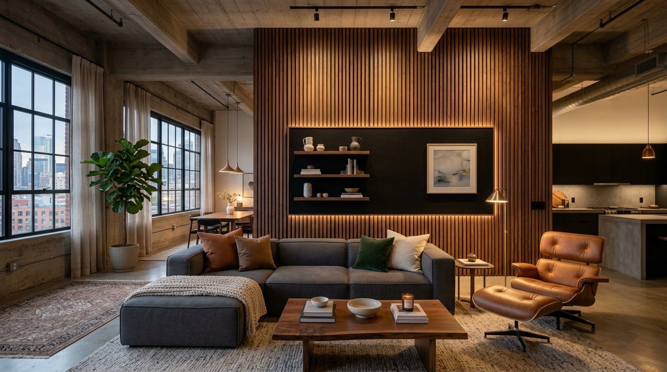 Contemporary apartment living room featuring a gray sectional, brown leather lounge chair, and wood-slatted feature wall.
