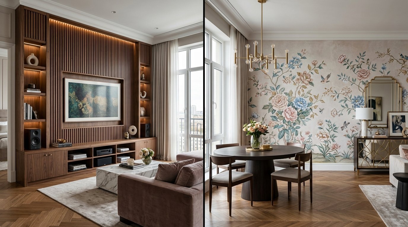 A collage showing a wood-paneled media wall and a dining room with floral wallpaper and a modern chandelier.