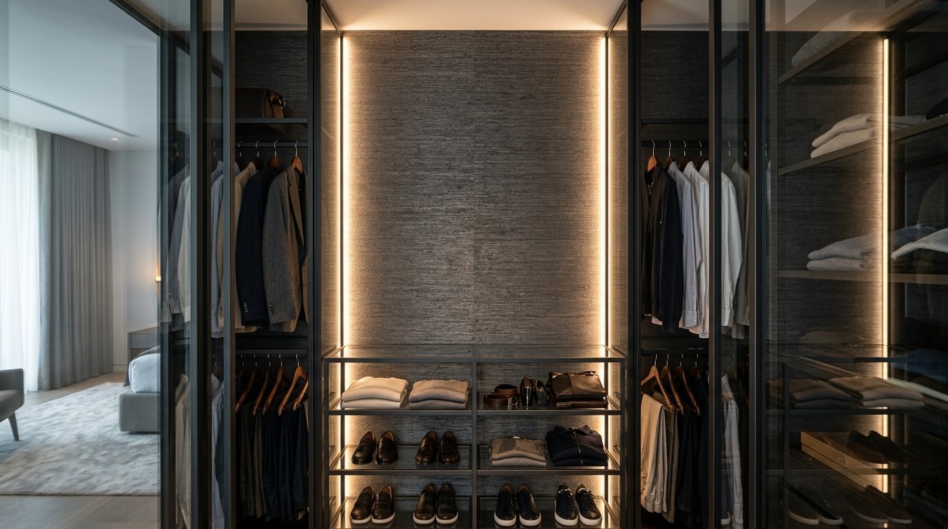 A sleek modern closet with illuminated glass shelves, hanging suits, and neatly folded sweaters.