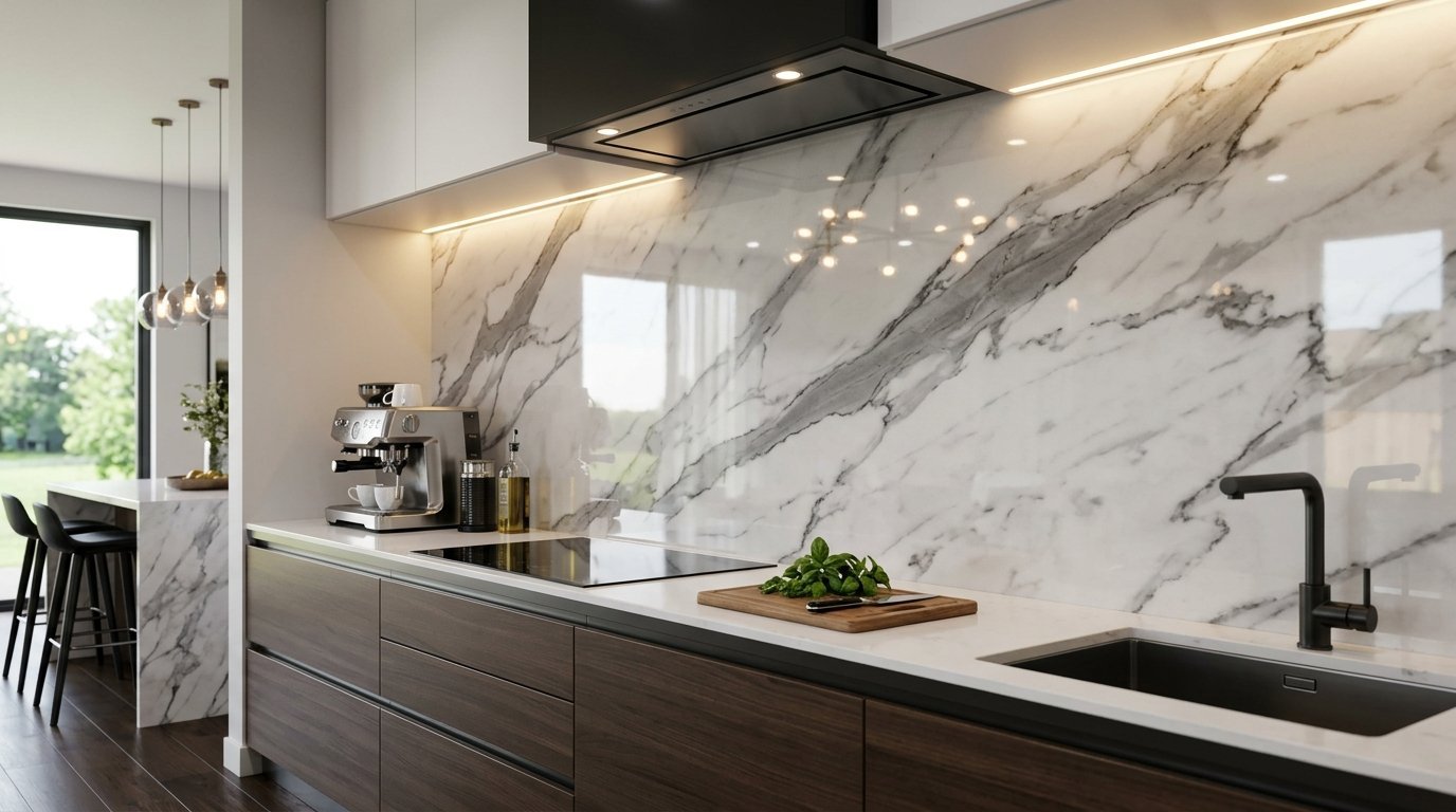 Close-up of a kitchen counter with marble wall paneling, a coffee machine, and a wooden cutting board with basil.