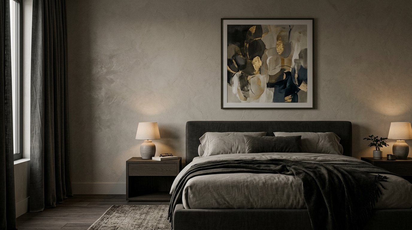 A dark grey bed with layered bedding sits against a textured wall with a framed gold and black abstract painting.