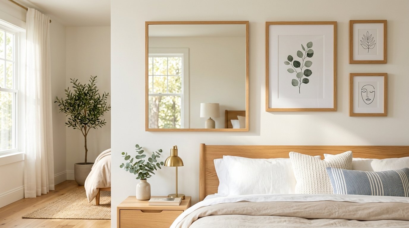 Wooden bed frame with white pillows beside a bedside table with a brass lamp, mirror, and framed botanical sketches.