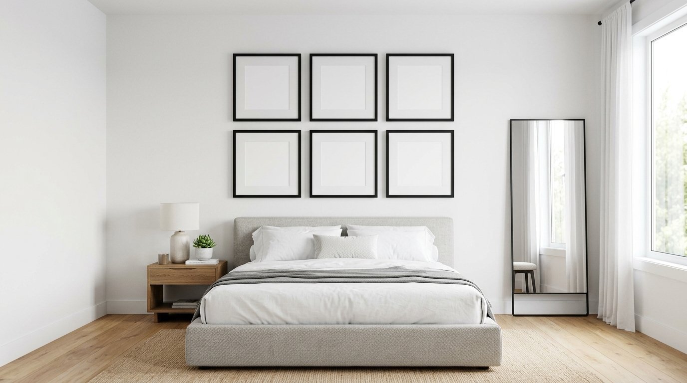 A bed with white bedding centered under a grid of six empty square picture frames on a white wall.