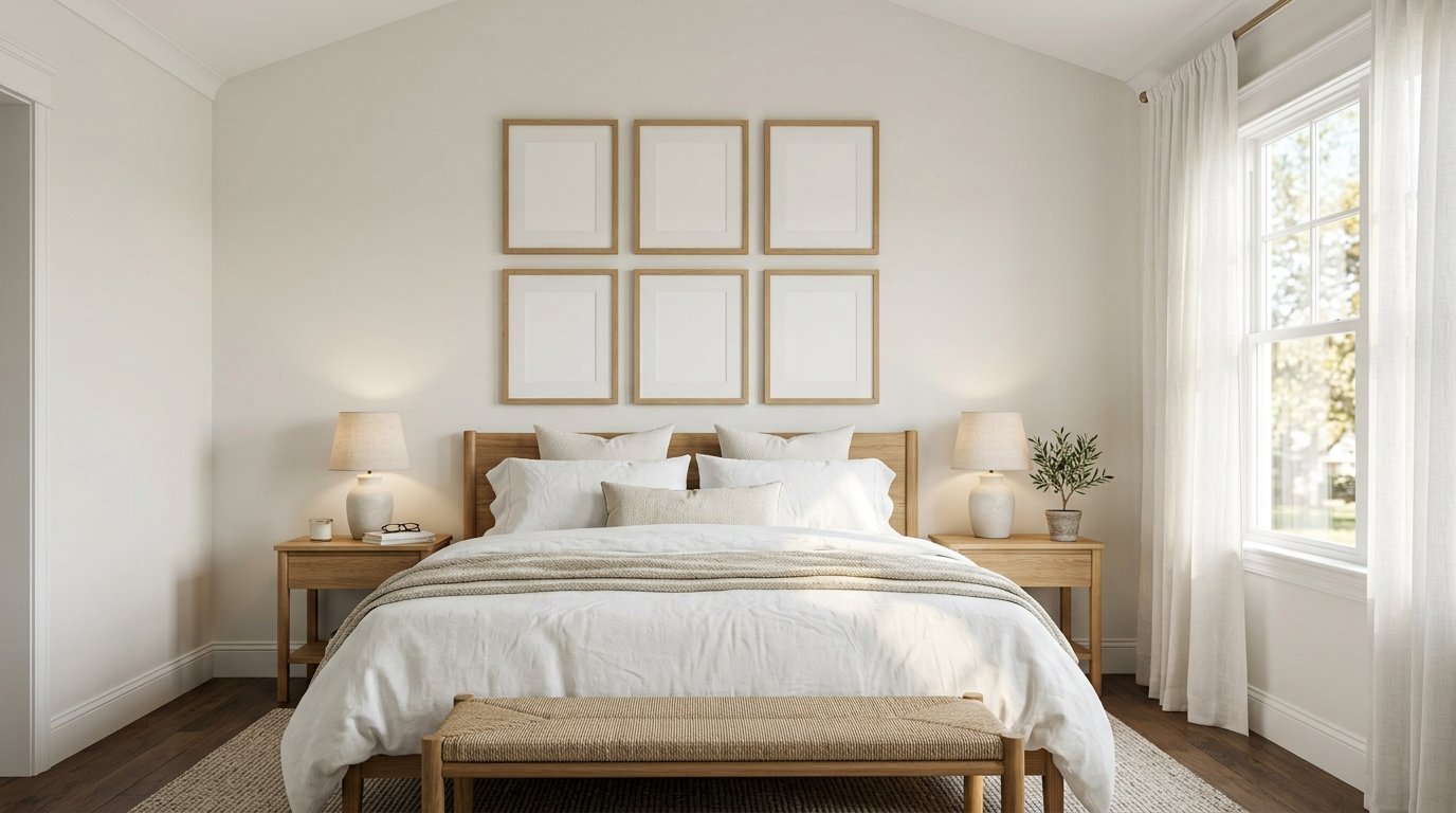 A serene bedroom with a wooden bed, white bedding, and six empty picture frames arranged on the wall.