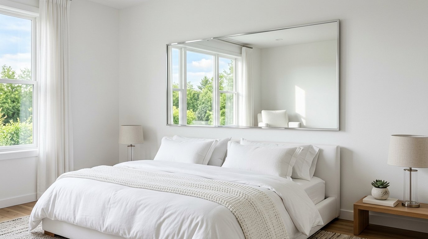 Bright bedroom with a white bed, beige lamps, and a wide metal-framed wall mirror reflecting an outdoor window view.