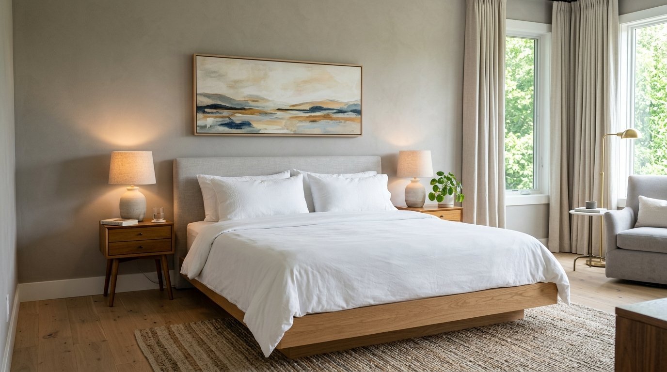 A serene bedroom featuring a wooden platform bed, white bedding, nightstands, and abstract landscape wall art.