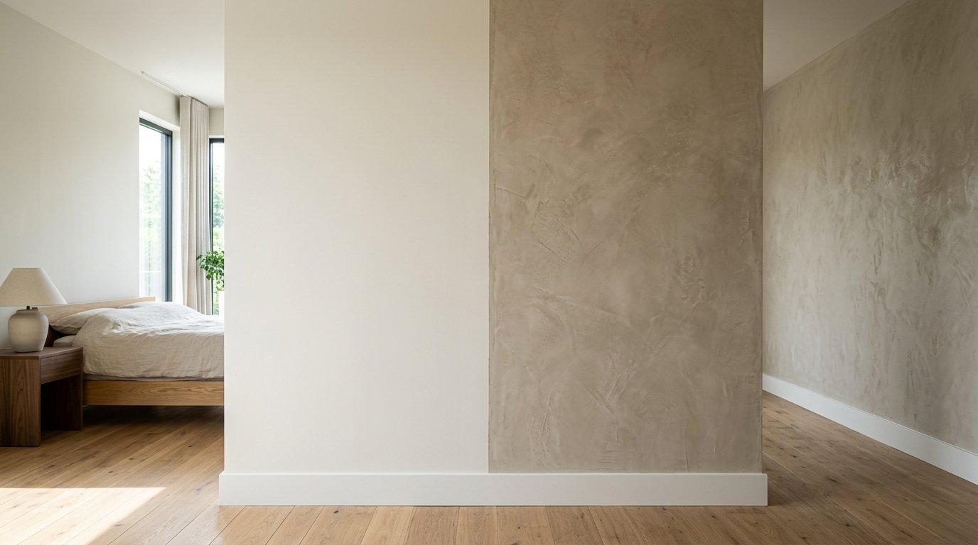 A beige partition wall with smooth and plaster finishes dividing a bedroom space with light wood floors.