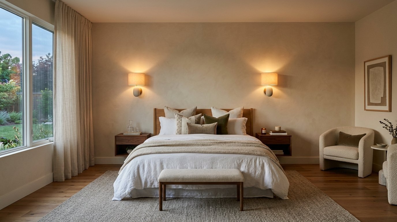 A cozy bedroom with a wooden bed frame, textured rug, and cream boucle armchair under warm glow wall lamps.