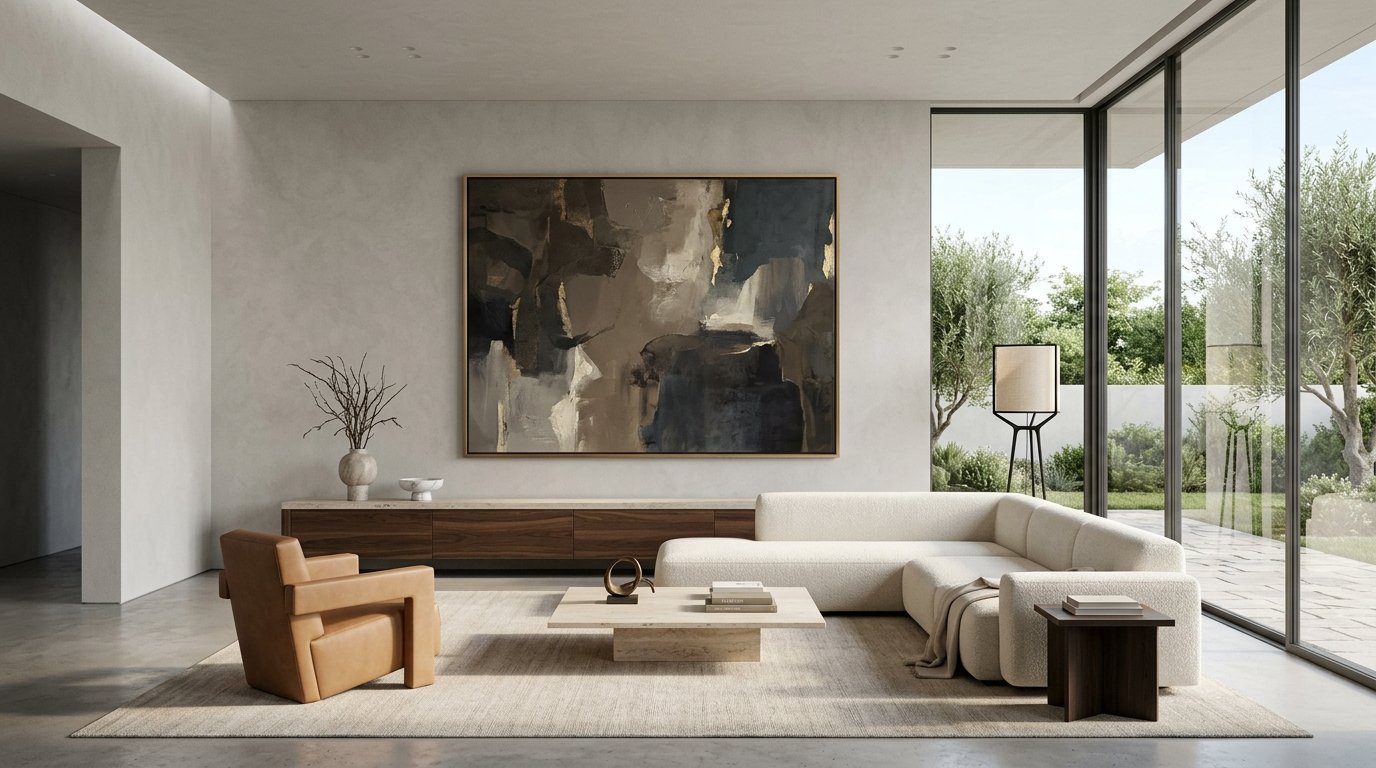 A beige sectional sofa and leather armchair in a bright living room with large glass windows and abstract wall art.