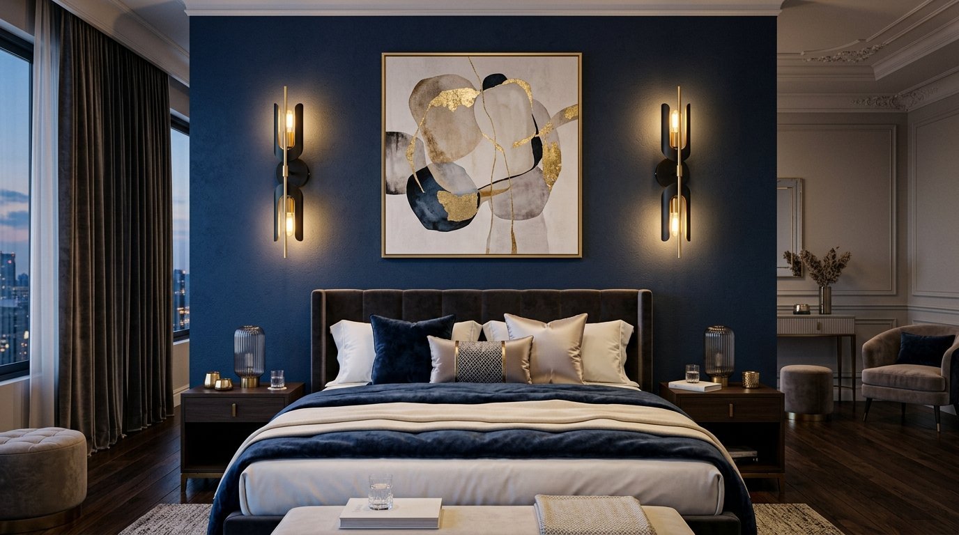 A navy blue bedroom featuring an abstract painting between two lit wall sconces above a plush, layered bed.
