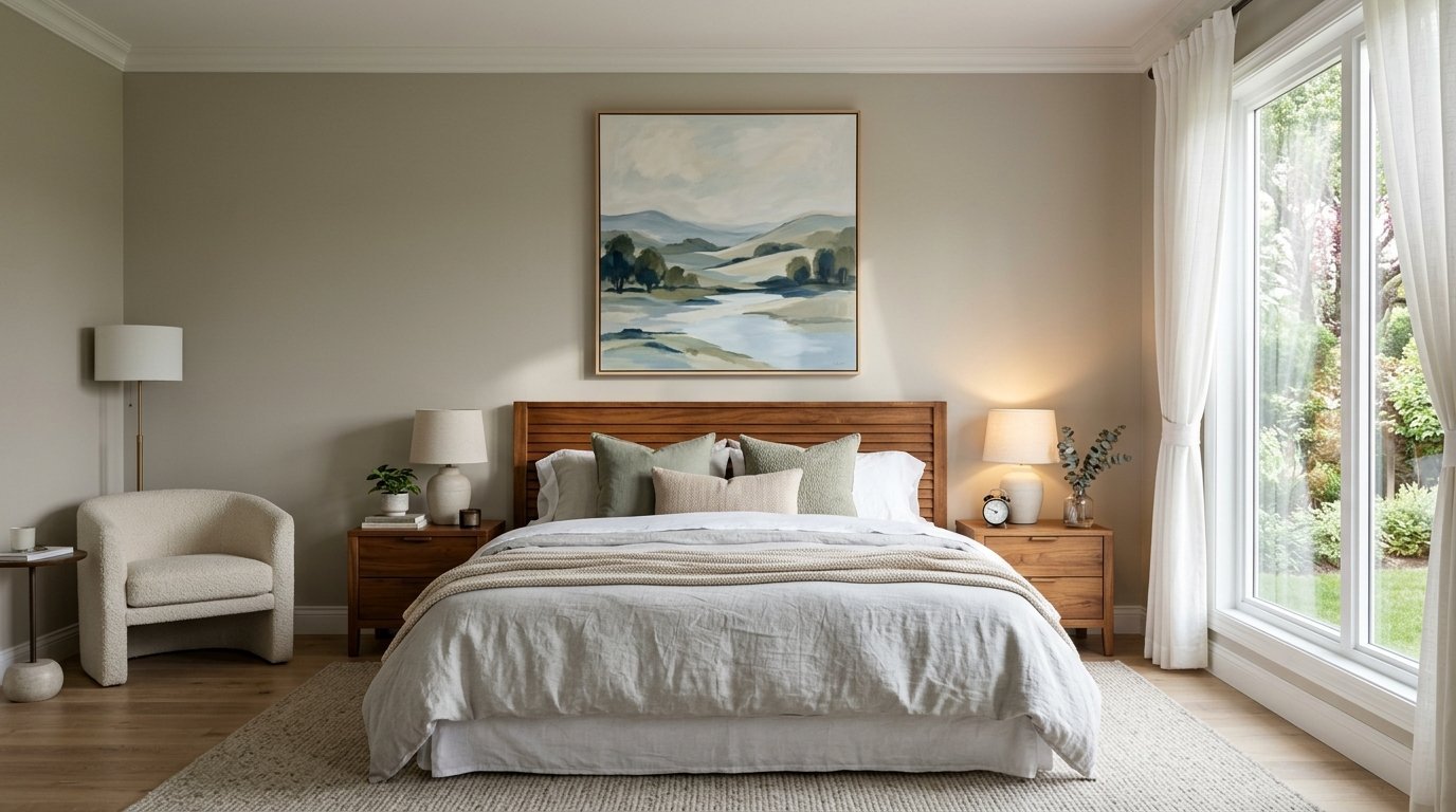 A serene bedroom with a wooden bed, neutral bedding, landscape painting, and white armchair.