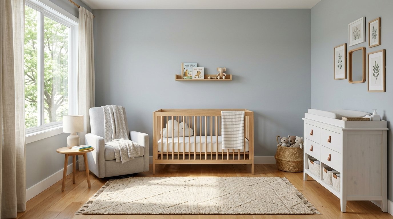 A light wood crib, a neutral armchair, and a white changing table in a nursery with soft grey walls.