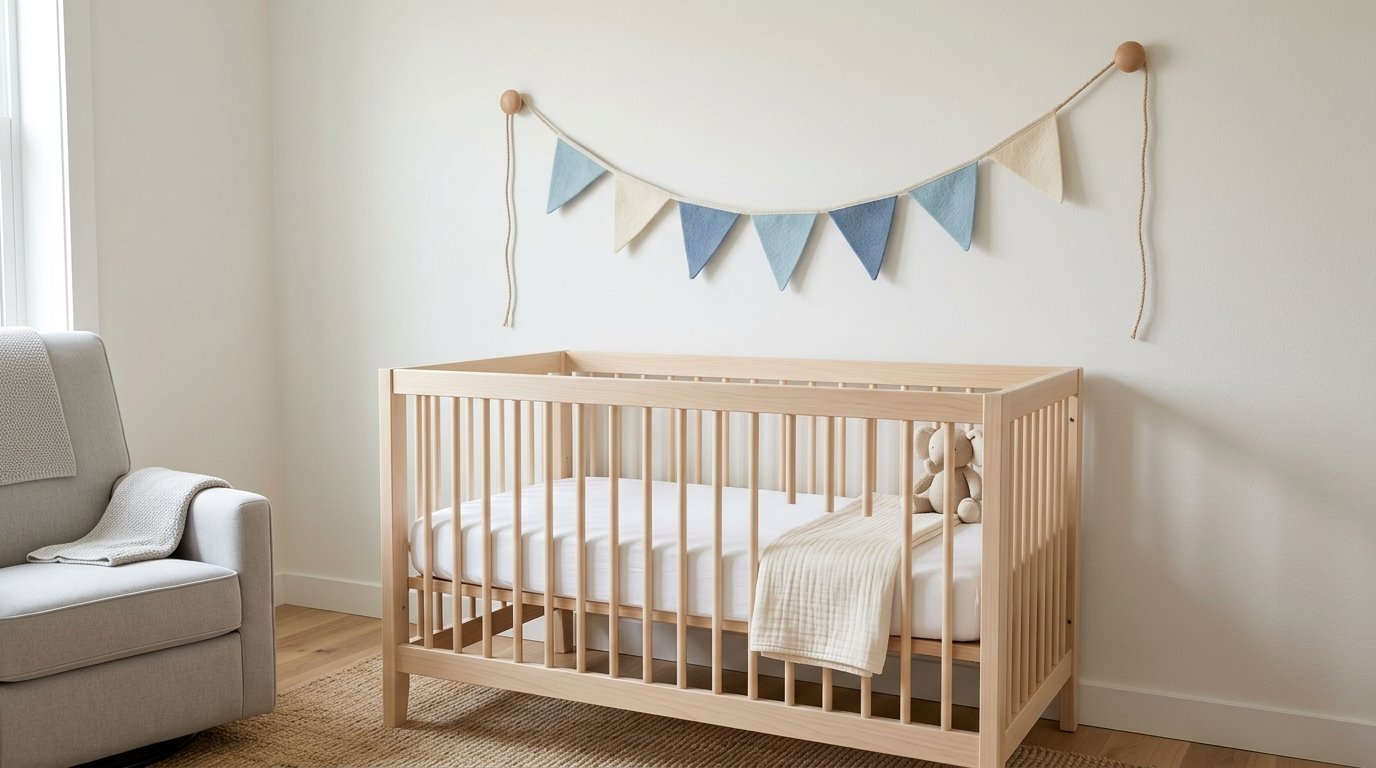 A light wood baby crib with a soft blanket and plush toy inside, situated beneath blue and cream triangle bunting.