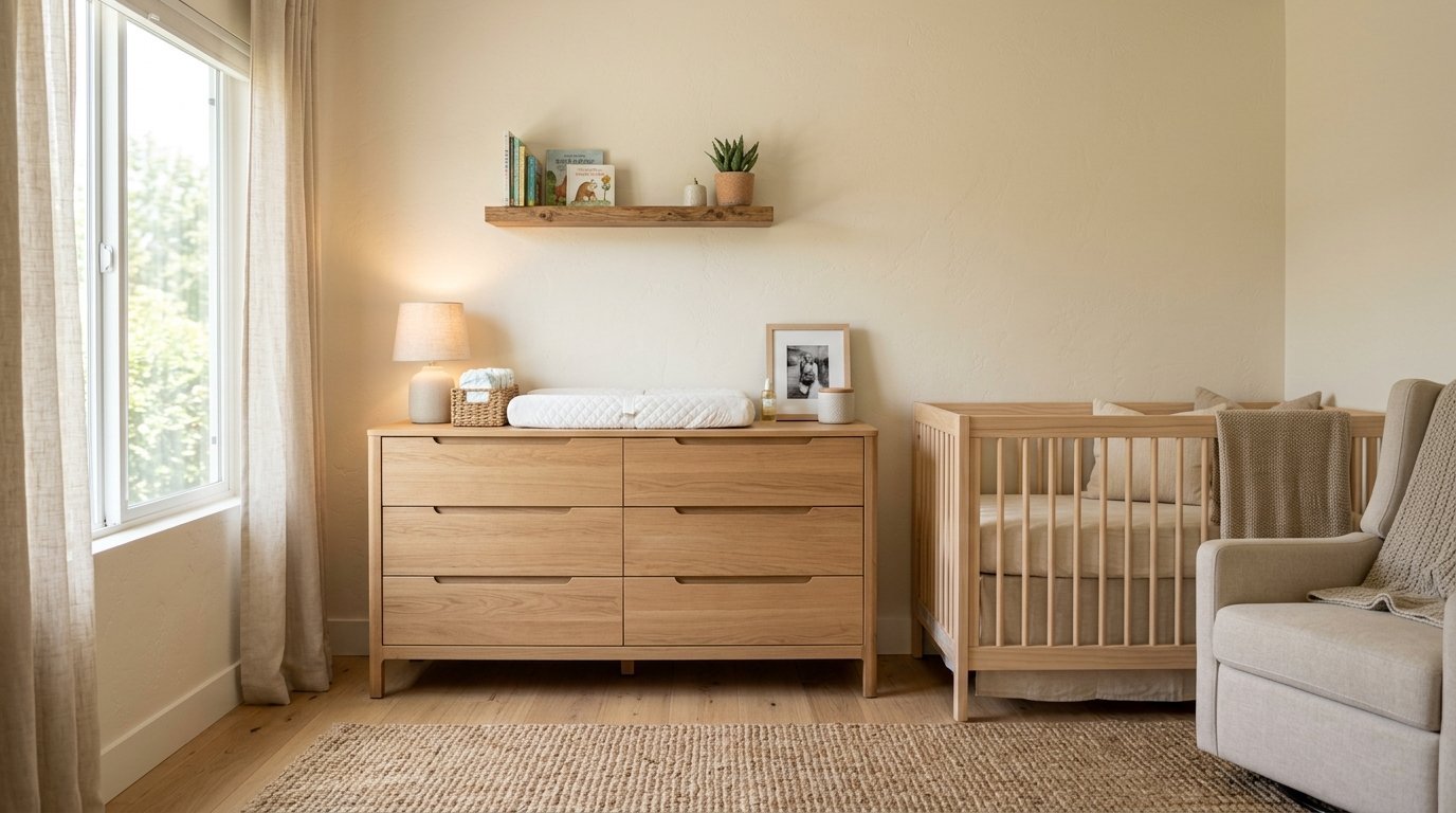 A calm baby nursery featuring a light wood crib, six-drawer dresser, and a beige armchair on a jute rug.
