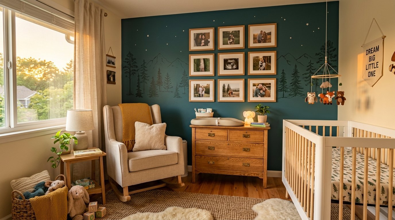 Baby room with a teal mountain mural, wooden crib, rocking chair, and framed family photos above a wooden dresser.