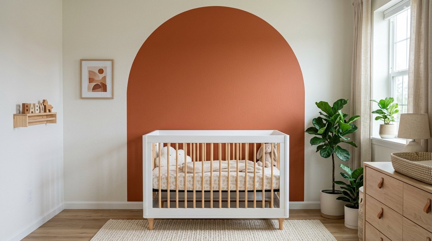 Baby room featuring a modern wooden crib, potted indoor plant, and a large burnt orange arch mural on the wall.