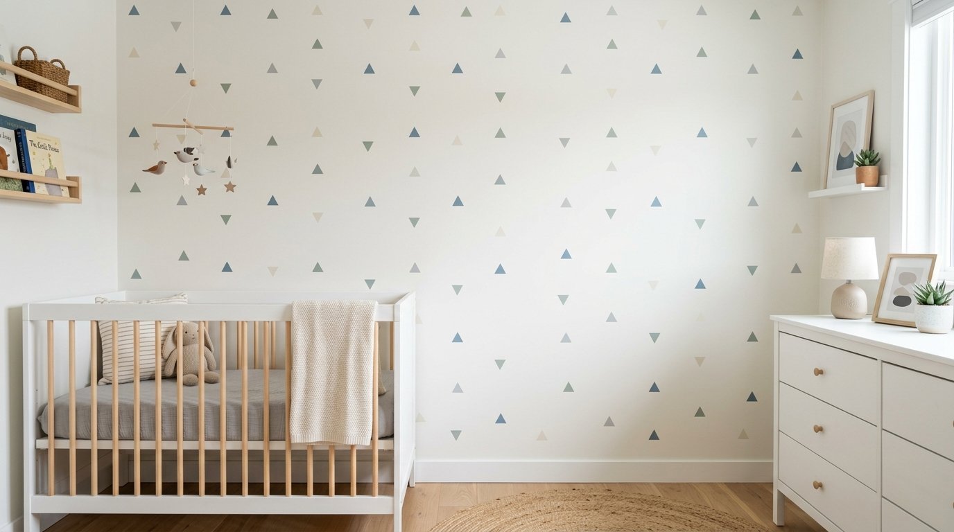 A baby crib sits in a bright nursery with soft blue and beige triangle patterned wallpaper.