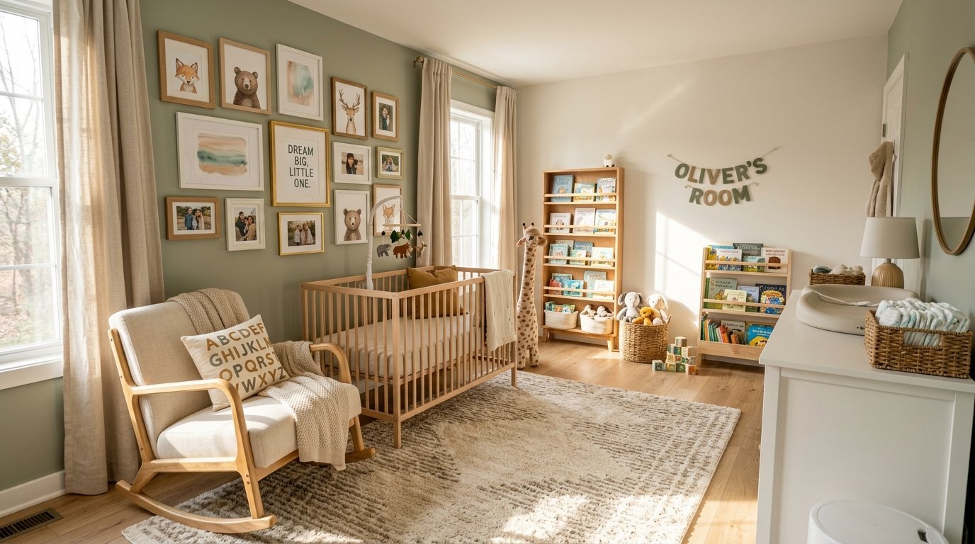 A sunlit baby nursery with a wooden crib, gallery wall, rocking chair, and bookshelves.