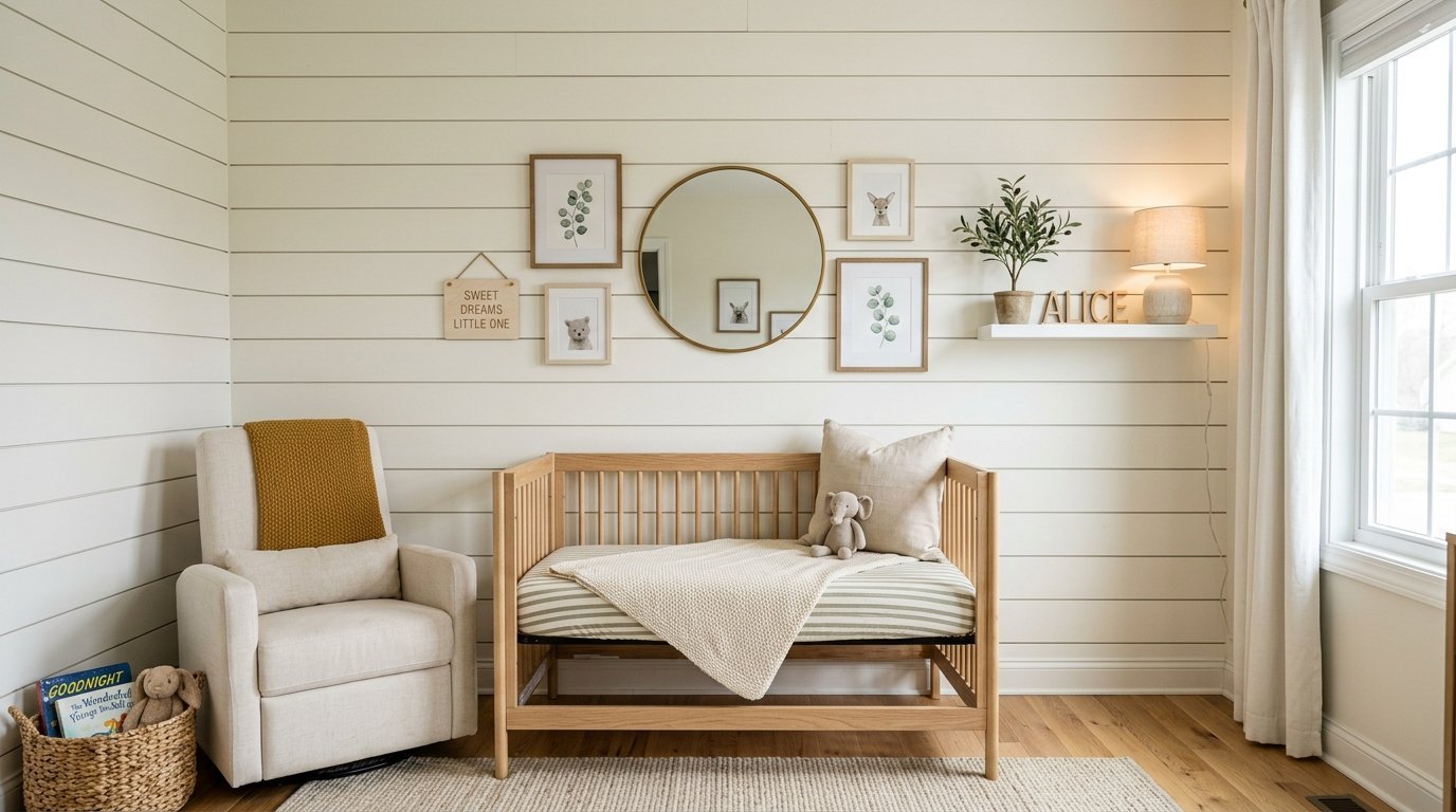A baby nursery with white shiplap walls, a wooden crib, beige glider, and gallery wall with round mirror.