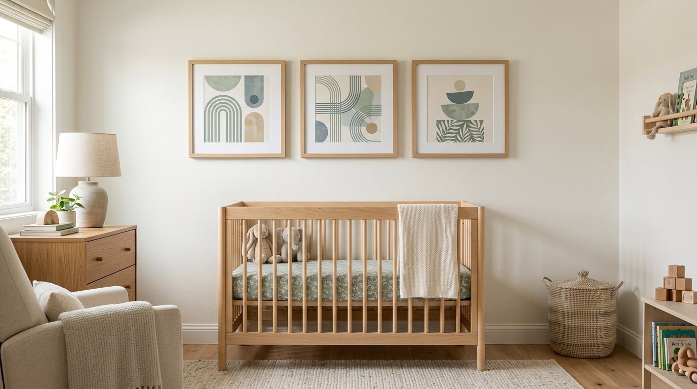 Modern nursery with a wooden crib, patterned wall art, and a plush armchair in a bright minimalist room.