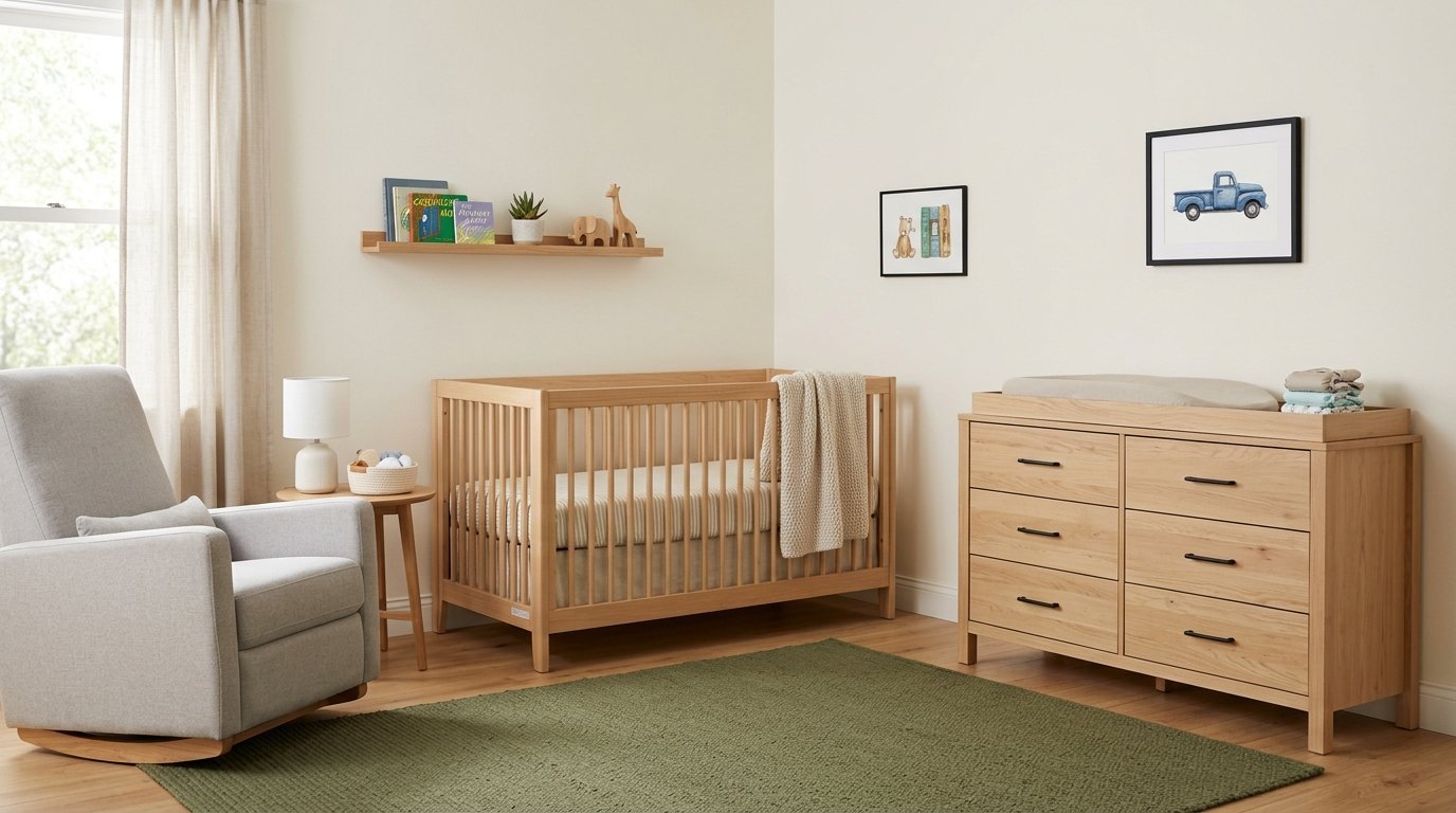 A light wood crib, six-drawer dresser, and grey rocking chair placed on a green textured rug in a nursery.