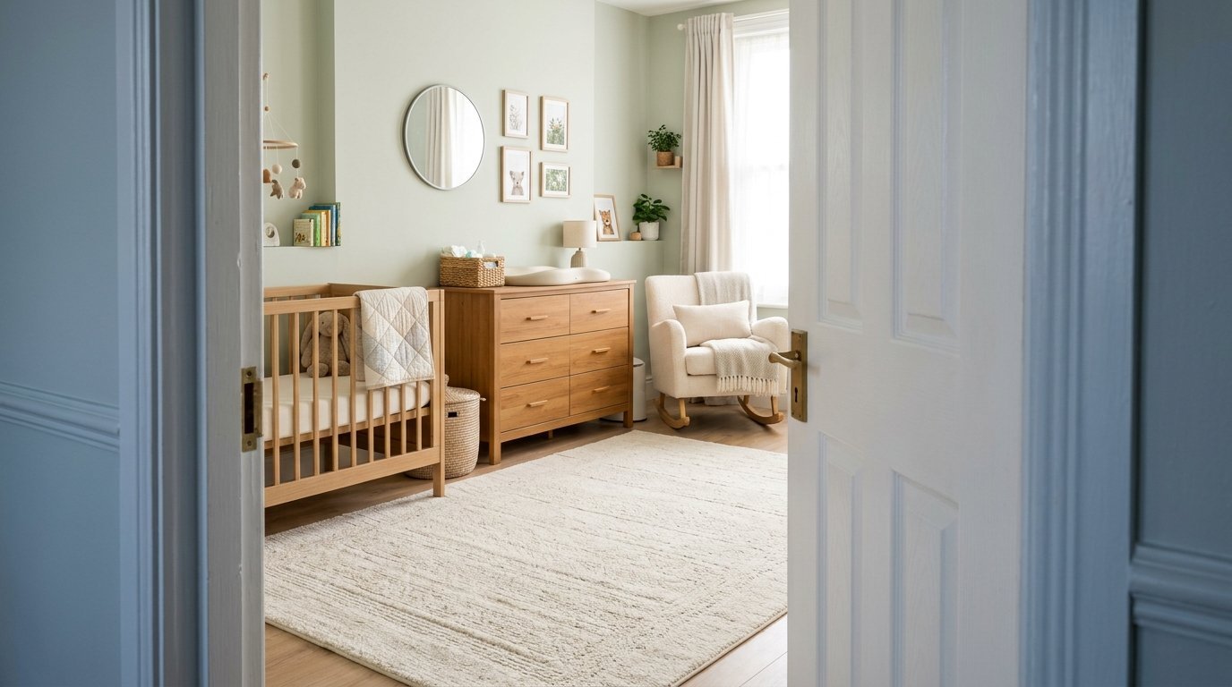 View through a doorway into a peaceful baby nursery with a wooden crib, changing dresser, and a cozy rocking chair.