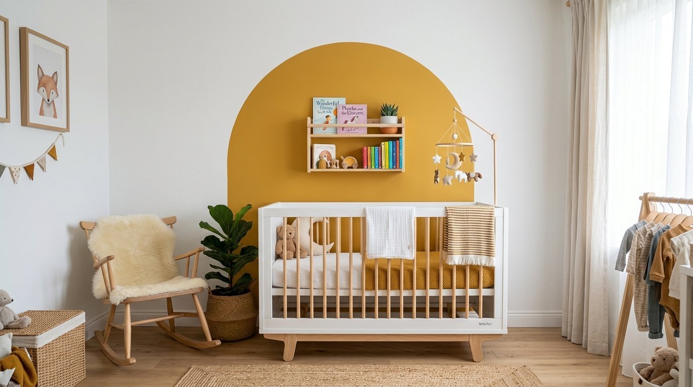White crib in front of a mustard yellow wall arch with wooden shelving and a rocking chair.