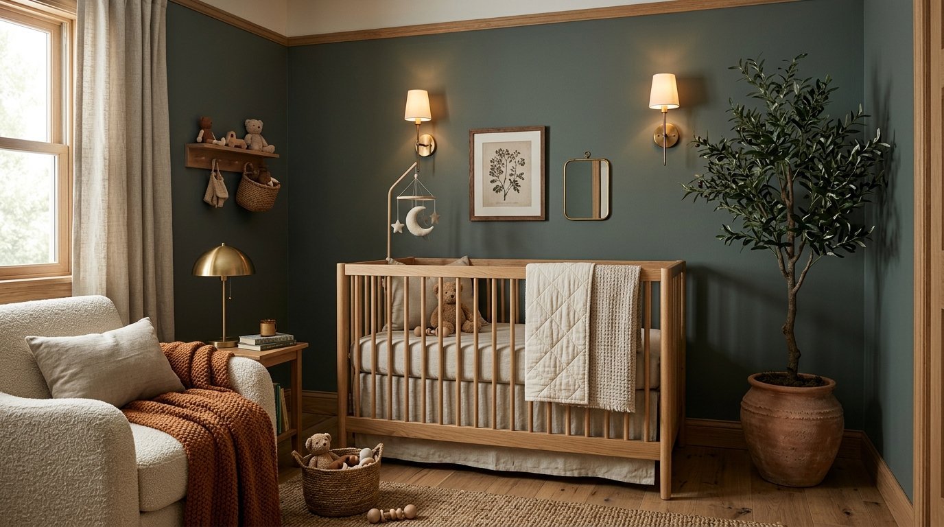 A calm nursery with a wooden crib, teddy bears, and a large olive tree plant against dark green walls.