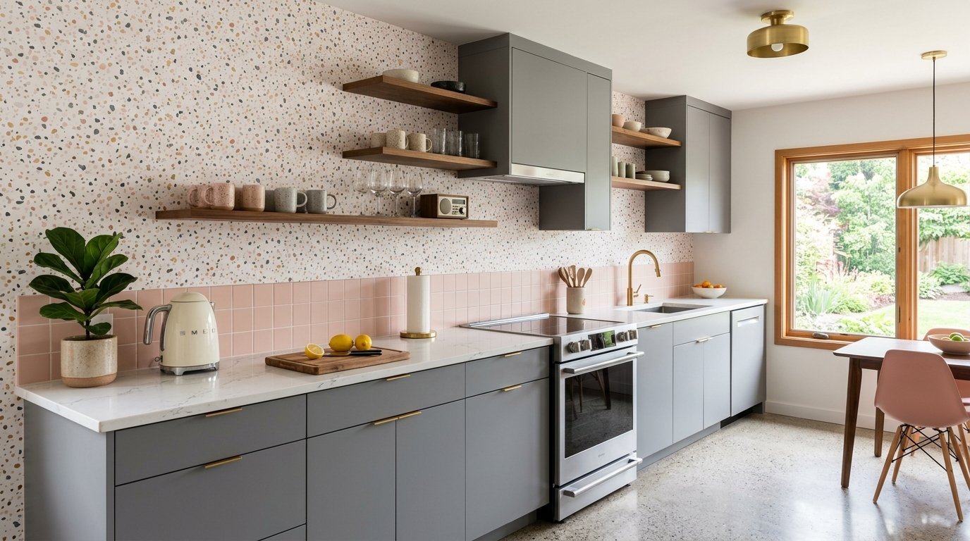 A modern kitchen with matte grey cabinets, pink square tile backsplash, terrazzo wallpaper, and wooden open shelving.