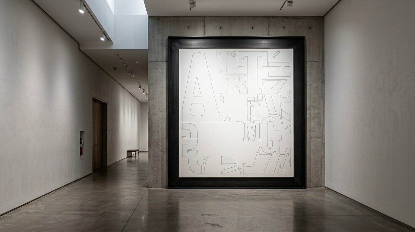 A massive white canvas with black line-art letters inside a thick black frame hanging in a minimalist art hallway.