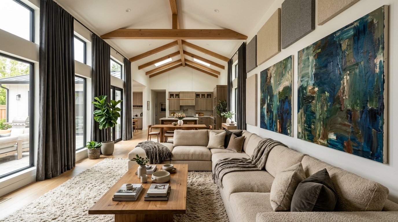 Spacious living area featuring a beige sectional, wooden coffee table, and blue abstract paintings on the wall.
