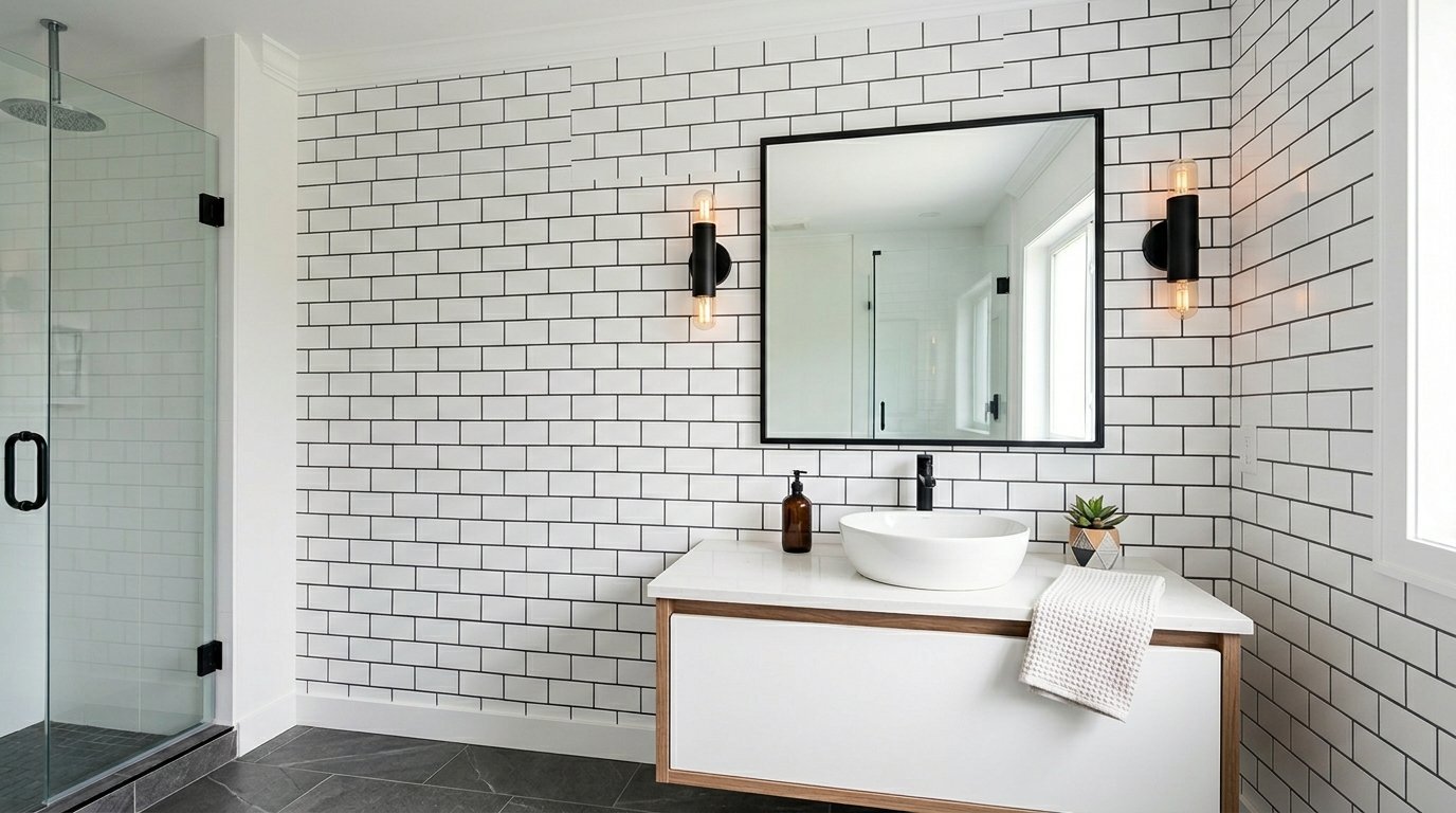 Floating vanity with a vessel sink and mirror against a white subway tiled wall in a contemporary bathroom.