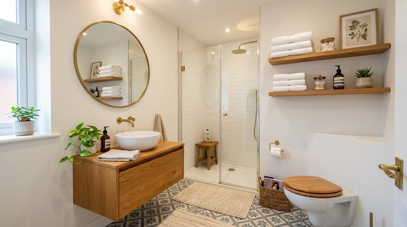 Modern bathroom with a floating wooden vanity, white vessel sink, and a walk-in shower with white subway tiles.