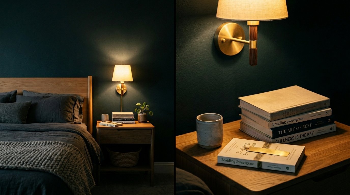 Close up of nightstand with books and a wall lamp next to a dark bedroom wall and bed.