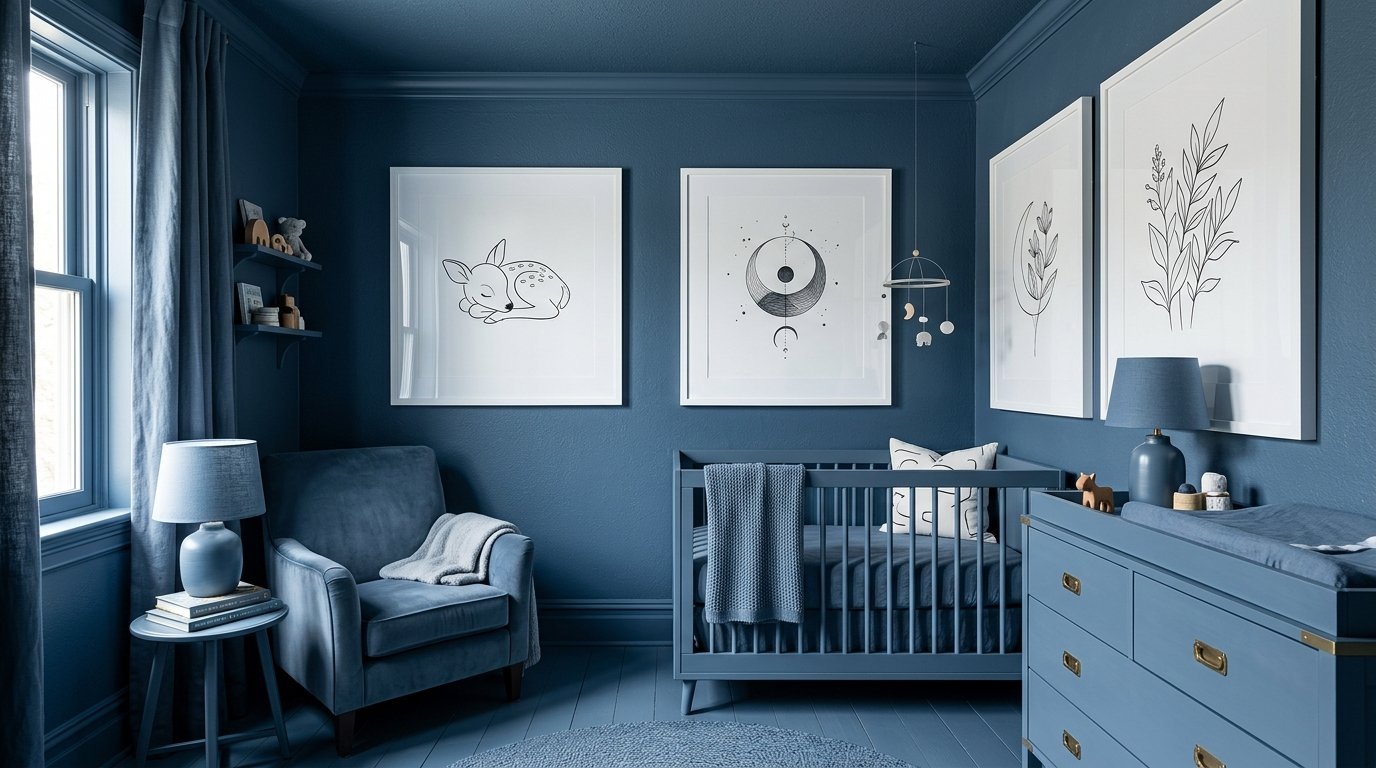 Baby room with a navy crib, velvet armchair, and framed black-and-white nature illustrations on the wall.
