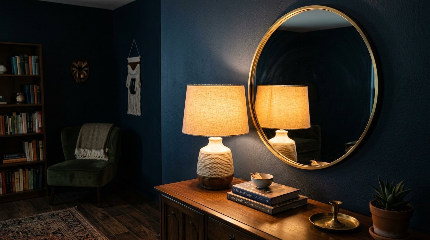 Dark navy walls with a round gold mirror, glowing table lamp, wooden bookshelf, and green velvet armchair.
