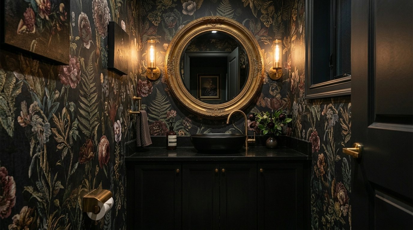 Small bathroom with botanical dark wallpaper, round ornate gold mirror, and a black vessel sink.