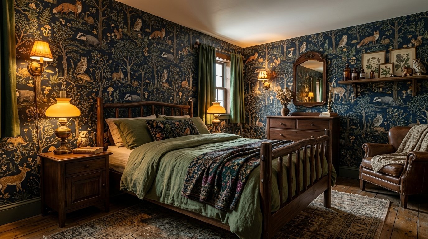 A warm bedroom with dark blue forest-patterned wallpaper, a log bed frame, and olive green linens.