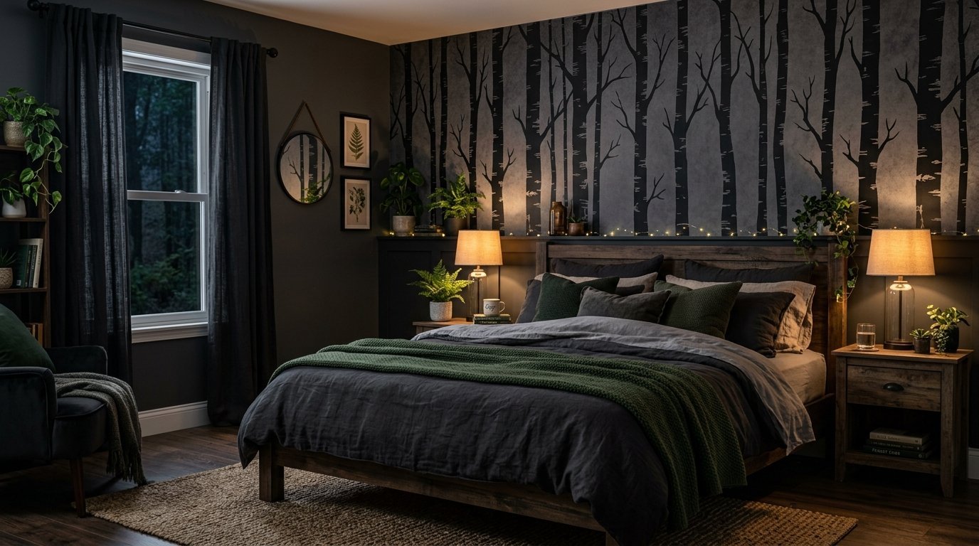 A rustic bedroom with dark, moody forest-patterned wallpaper, a wooden bed frame, and soft bedside lamp lighting.