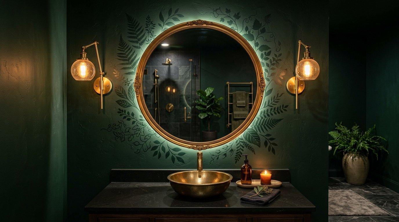 Round glowing mirror with botanical wall decals and brass wall sconces above a stone vanity.