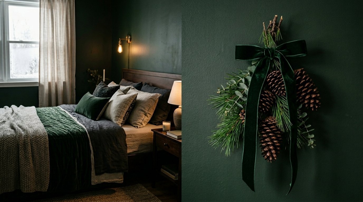 Close up of a holiday pine cone and greenery swag tied with a velvet ribbon against a dark green wall.
