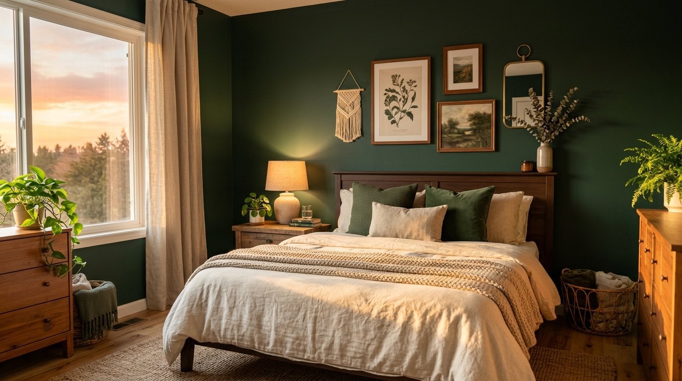 A rustic bedroom features a dark green wall, wooden bed frame, sunset view from a large window, and indoor greenery.
