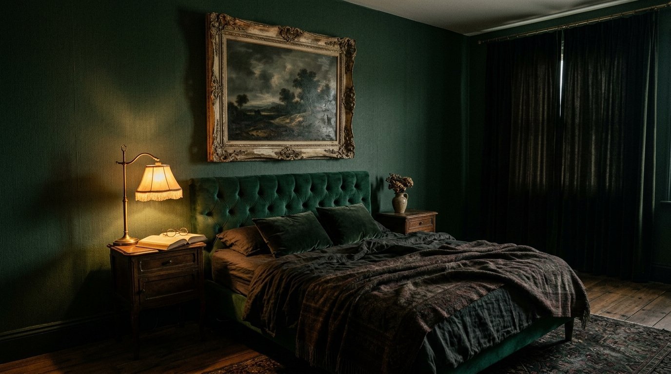 An elegant bedroom with a green velvet tufted bed, gold desk lamp, and a large ornate landscape painting on the wall.