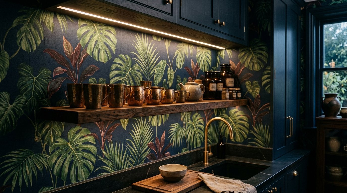 A dark kitchen with botanical leaf wallpaper, an under-cabinet light, and a wooden shelf displaying copper cups.