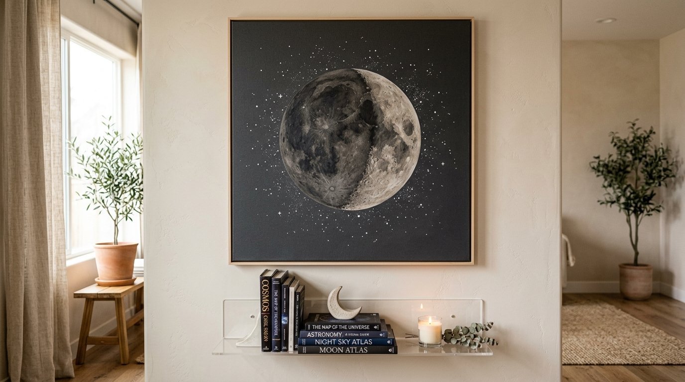 Square framed moon print hanging above a clear shelf with astronomy books and a lit candle.