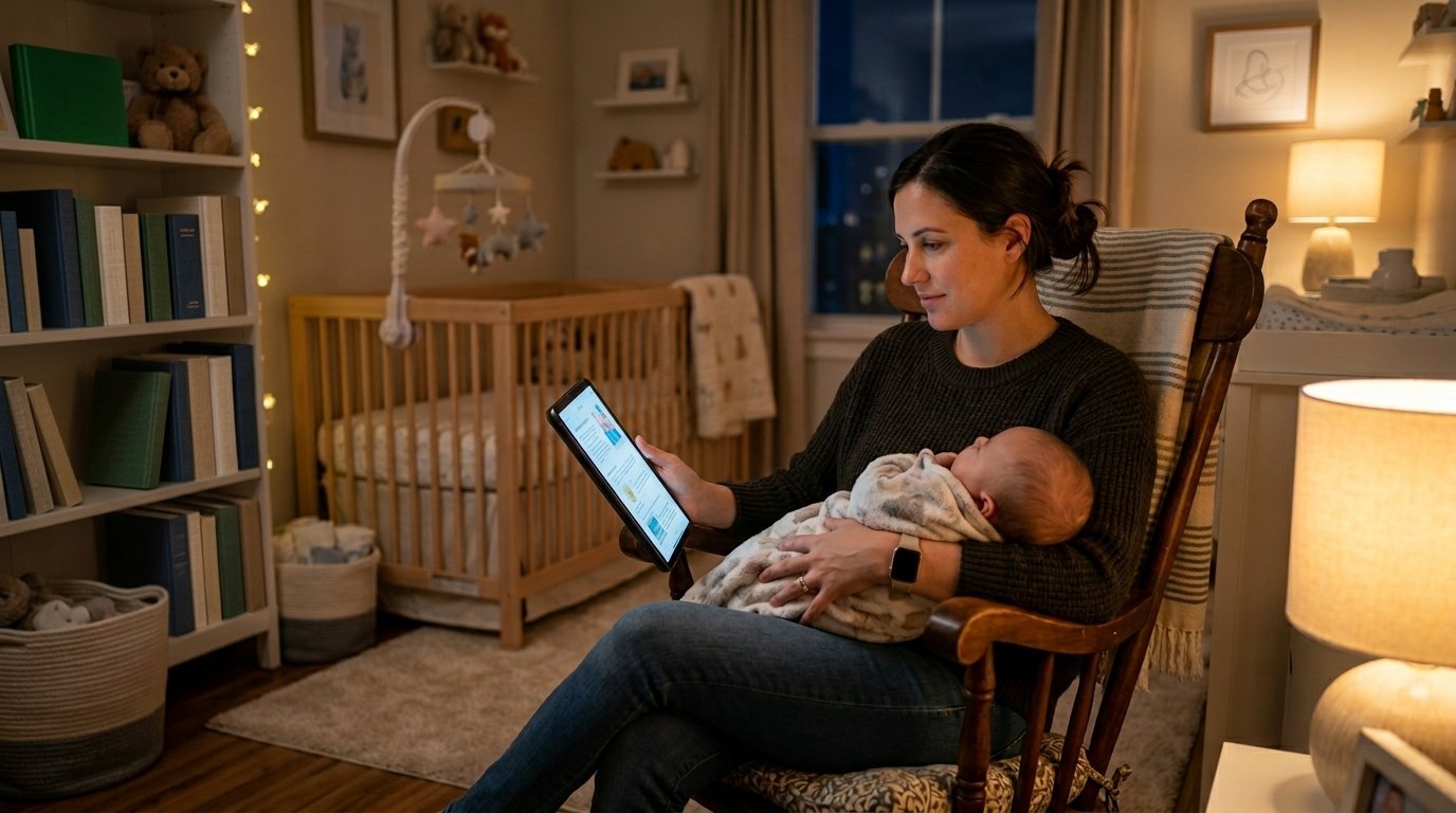 Woman sitting in a wooden nursery rocker holding a sleeping infant and looking at a tablet screen.