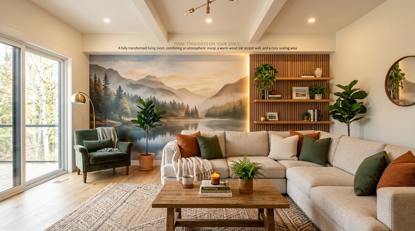 Lounge area with a misty lake mural, slatted timber wall, sectional sofa, and green velvet armchair.